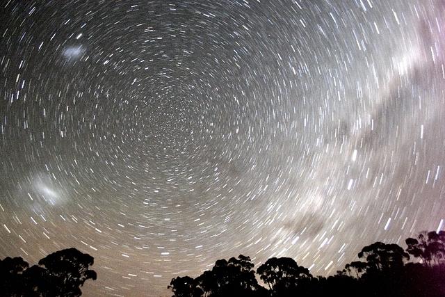This 10 min exposure shows star trails clearly defining the south celestial pole just left of centre.