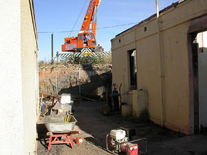 Crane, ready to lift boiler and bulky wreckage from the southern end of the courtyard.
