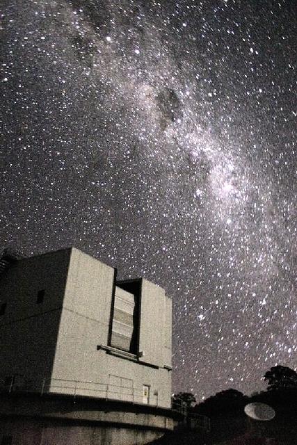 Looking to the south-west to the Milky Way in Carina, the Southern Cross and Centaurus setting behind the moonlit ANU 2.3m dome