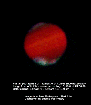 Composite 3.42, 3.59, 3.99 micron image of post-impact splash of fragment G