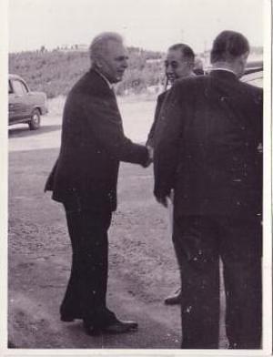 1957: Professor Bart Bok welcomes the Japanese Prime Minister, Nobusuke Kishi, and staff to the 74" dome and telescope
