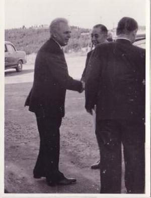 1957: Professor Bart Bok welcomes the Japanese Prime Minister, Nobusuke Kishi, and staff  to the 74" dome and telescope