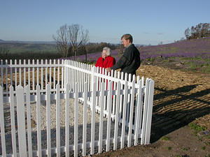 Miss Joan Duffield inspecting the repaired grave with Associate Director, John Norris