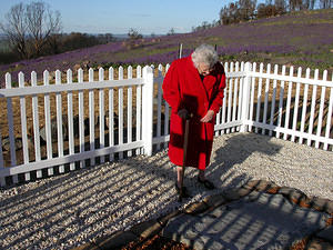 Miss Joan Duffield inspects the repairs to her parents' headstones