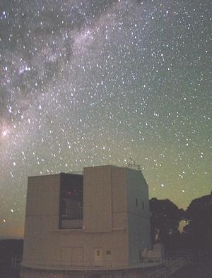 Looking south-east to the constellations of Centaurus and Scorpius behind the ANU 2.3m telescope building